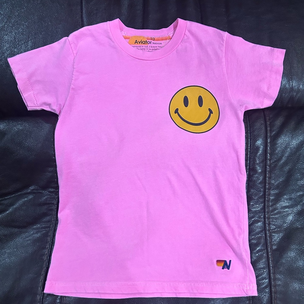 Aviator Nation Pink Tee with Yellow Smiley Patch